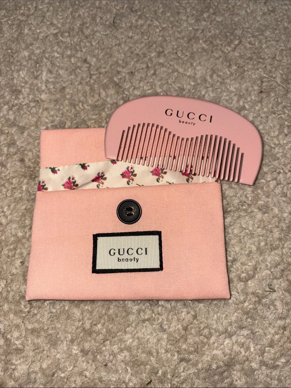 Pink Floral Trim Pocket Comb with Fabric Pouch